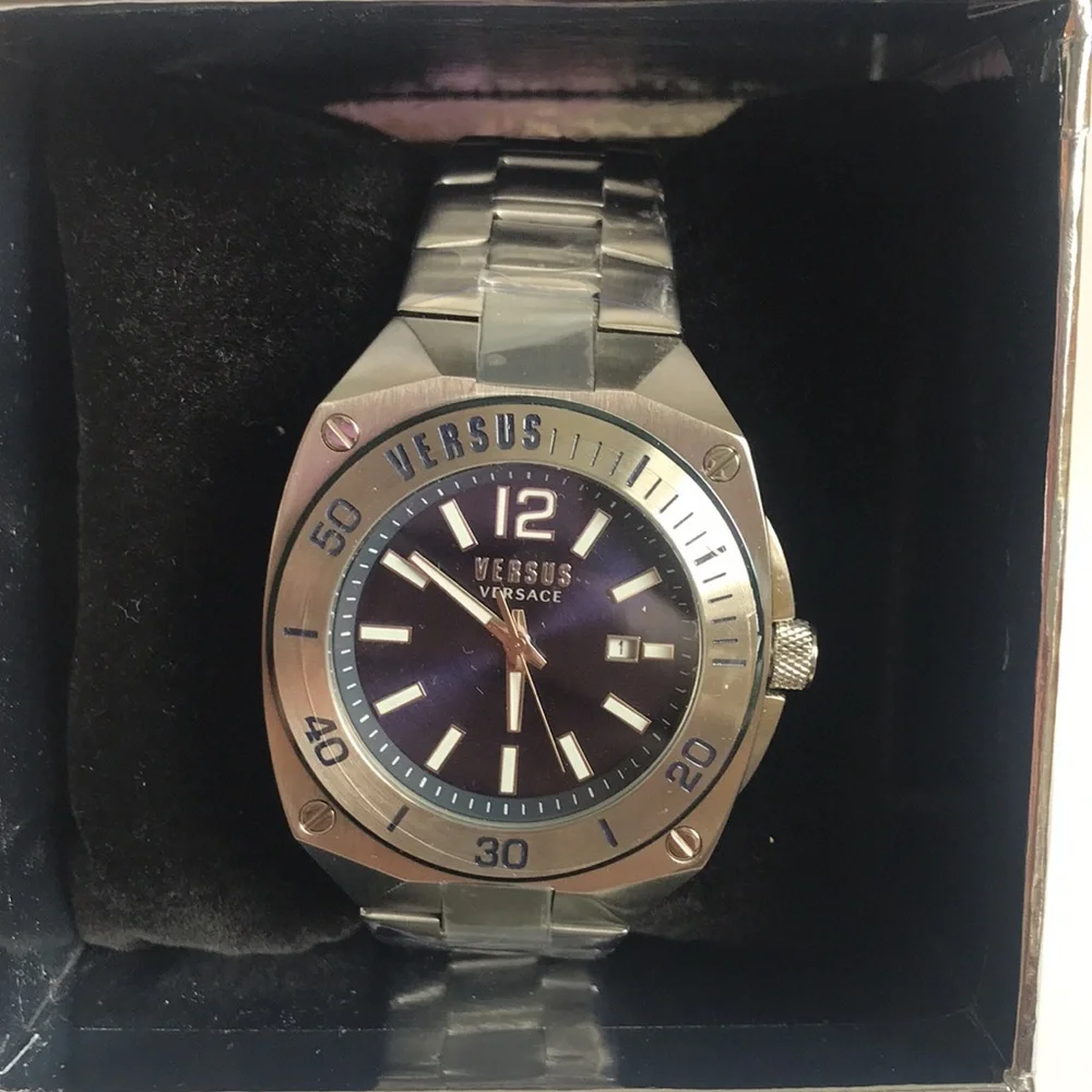 Versus Versace Silver Stainless Steel Watch with Deep Blue Dial